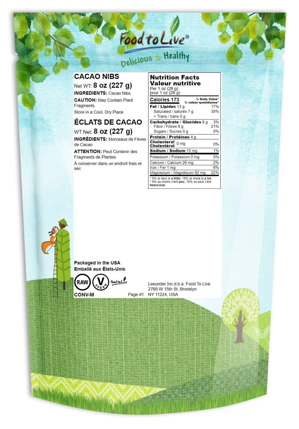 Food to Live Food to Live Cacao Nibs, 8 Ounces - Raw, Unsweetened, Kosher, Vegan, Keto and Paleo Friendly, Made from Antioxidant Rich Cacao Beans, Cacao BIts for Chocolate, Sirtfood, Bulk