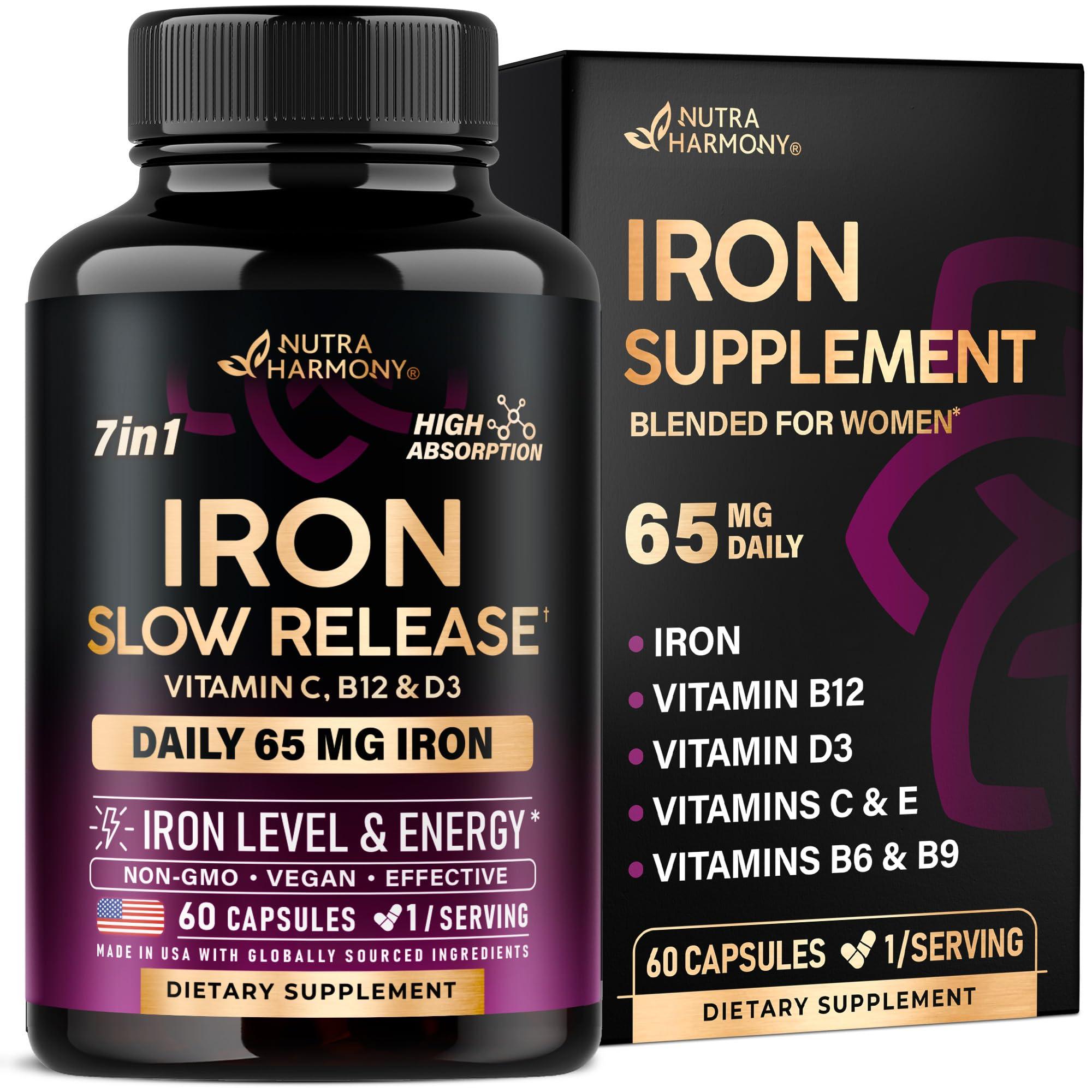 NUTRAHARMONY Iron Supplement for Women - Iron 65mg (Ferrous Sulfate 325mg) - Stomach Friendly | Slow Release Iron | High Absorption - Vitamins C, D3, B6, B12 & Folate - Iron Level & Energy Support - 60 Capsules