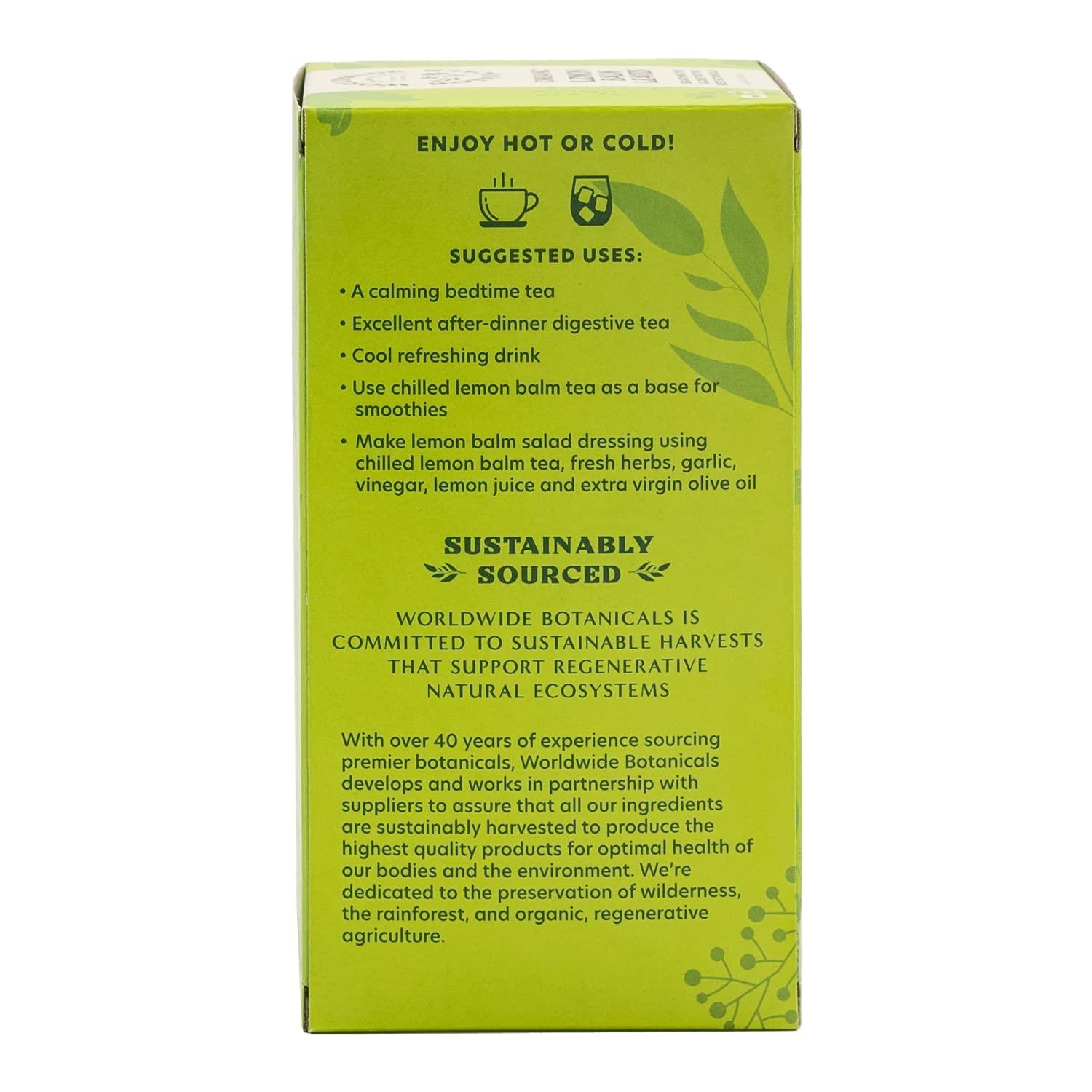 Worldwide Botanicals Worldwide Botanicals Organic Lemon Balm Tea, 25 Tea Bags - 50% more herbs with 2.25g per teabag - 100% Pure Lemon Balm Leaves, Kosher