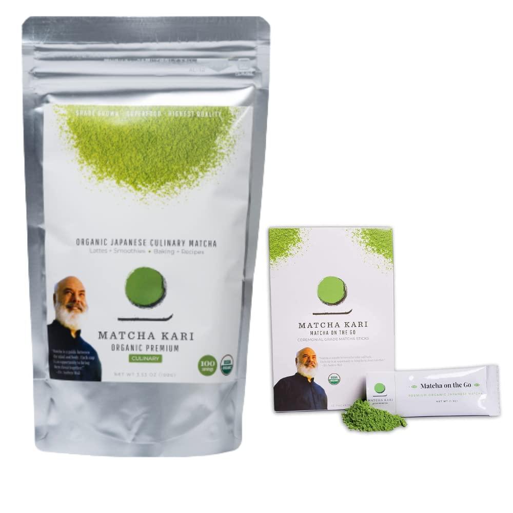 Matcha Kari Dr. Weil Matcha Kari Superior Japanese Matcha Green Tea Sticks (2) and 100g Culinary Bundle - Organic Ceremonial Grade Powder Single Serve Packets (24 packets) and 100g Culinary Grade Pouch