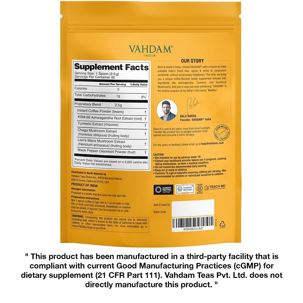 VAHDAM VAHDAM, Instant Mushroom Coffee with KSM 66 Ashwagandha (250mg, 40 servings), Turmeric, Lion\'s Mane and Chaga Mushroom | 100% Arabica Coffee | Supports Better Focus and Immunity | Enjoy Hot or Iced