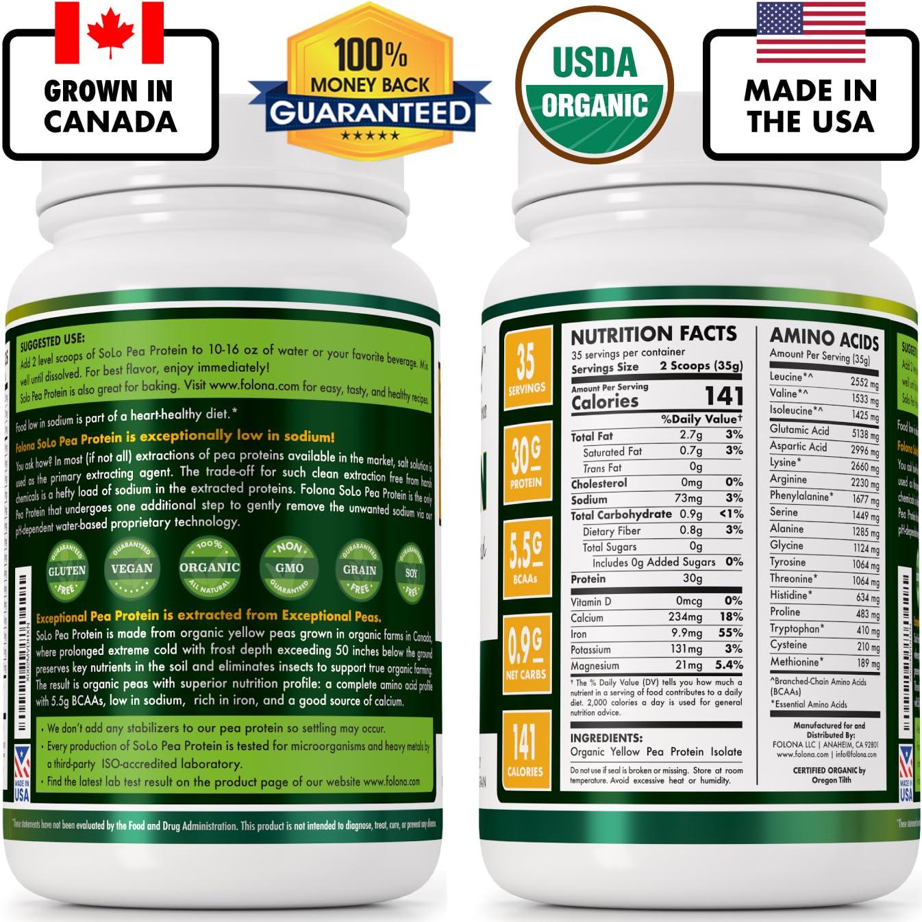 FOLONA SOLO Organic Pea Protein Powder, Low in Sodium, Canada Grown Peas, 100% Vegan, Non-GMO, Unflavored Plant Based Protein Powder with BCAA, Keto & Paleo Friendly, Easy to Digest, No Additives (2.7 lbs)