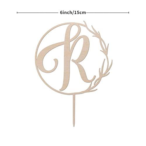 Vinisong Vinisong Personalized Initials Cake Topper Wreath Letter R Cake Topper Wood Monogram Cake Topper Rustic Wedding Cake Topper Birthday Cake Decoration(Design 06,R)