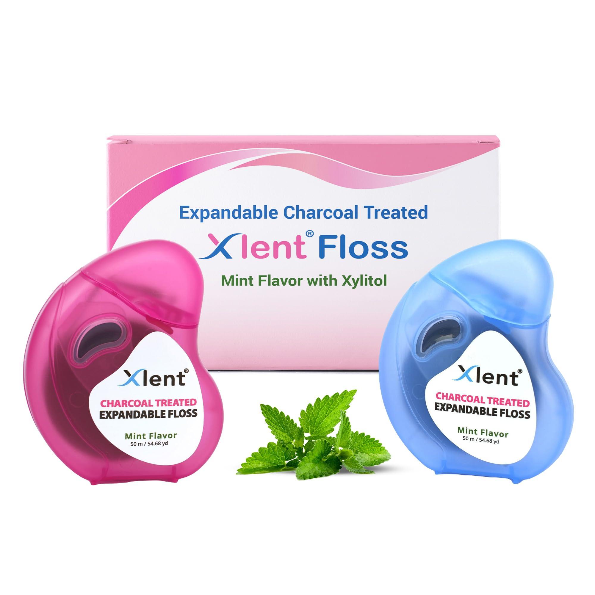 Xlent Expandable Floss Treated with Activated Charcoal with Xylitol and Natural Plant Based Wax |Fresh Mint Flavor | PFAS & PTFE Free |50 Meter x 2
