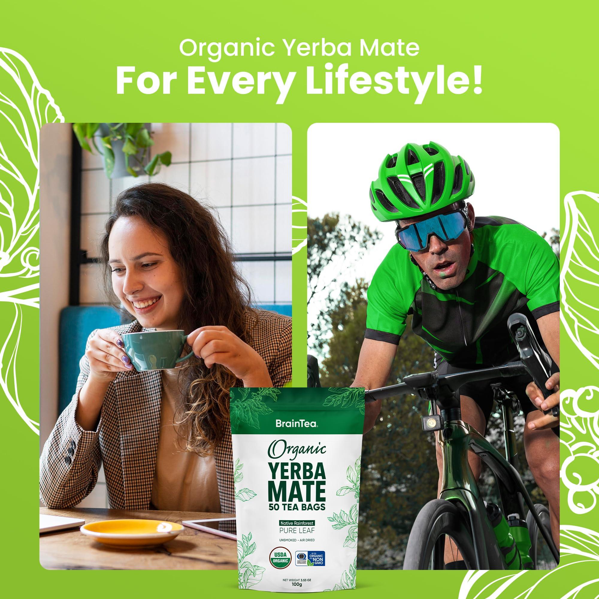 Brain Tea Yerba Mate Tea Organic - Brain Tea Organic Yerba Mate Tea bags 50 count - Native Rainforest Sourced, Unsmoked & Air-Dried, High Caffeine Matte Tea for Detox & Focus Boost - 100g