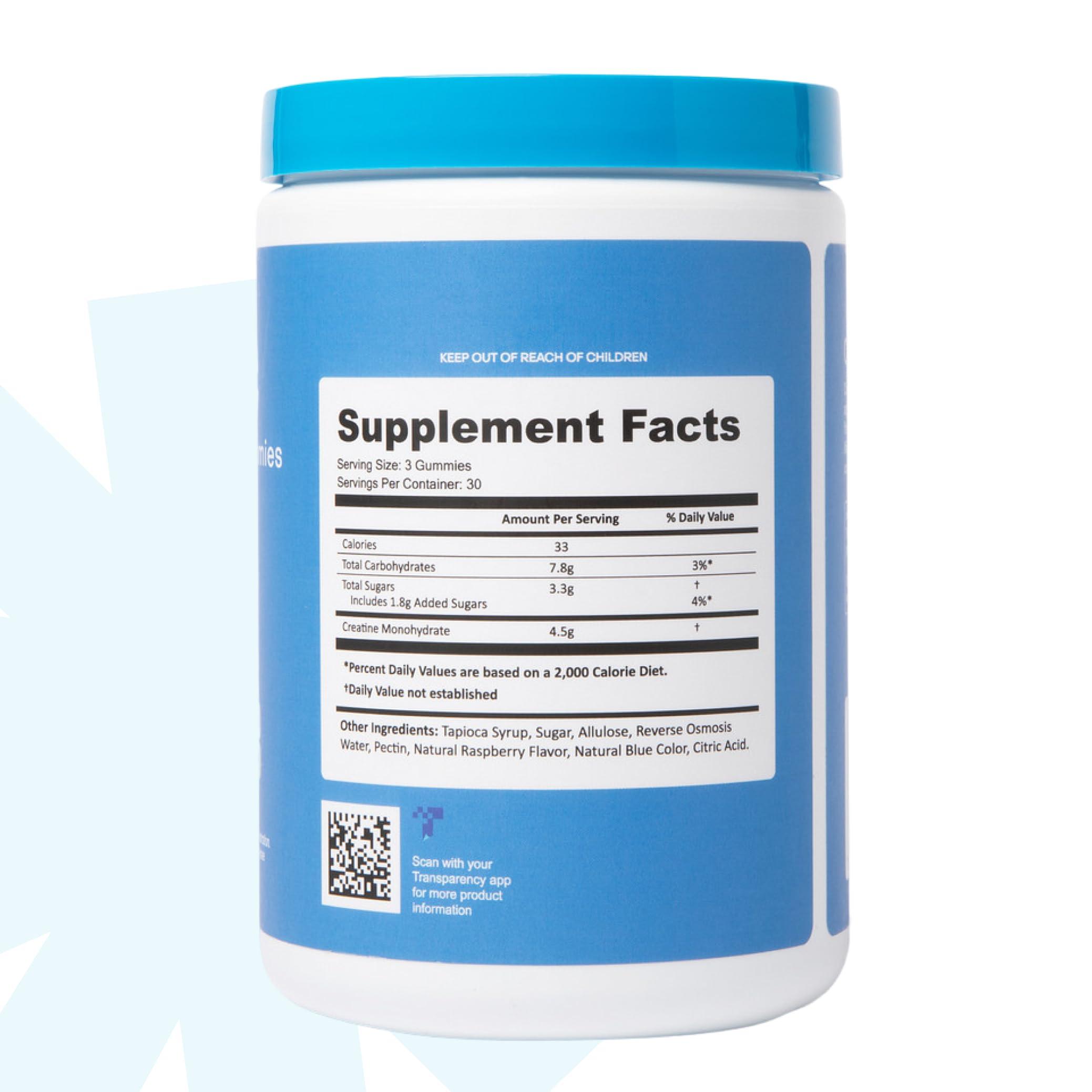 Create Create Creatine Monohydrate Gummies for Men & Women, Boost Focus, Strength, and Endurance, Anti-Melting Formula, Vegan, Gluten-Free, Non-GMO, 1.5g of Creatine per Gummy (Blue Raspberry, 90ct)