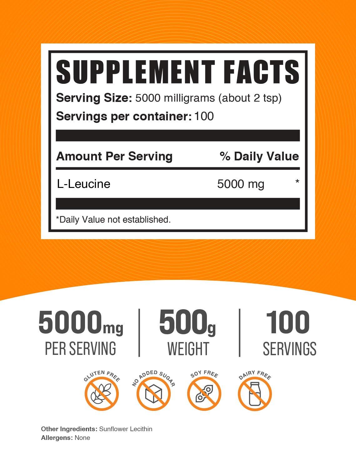 BulkSupplements BulkSupplements.com L-Leucine Powder - Leucine Supplements, Leucine Amino Acid - BCAA Supplements, Leucine Powder - Unflavored, 5000mg per Serving, 500g (1.1 lbs) (Pack of 1)
