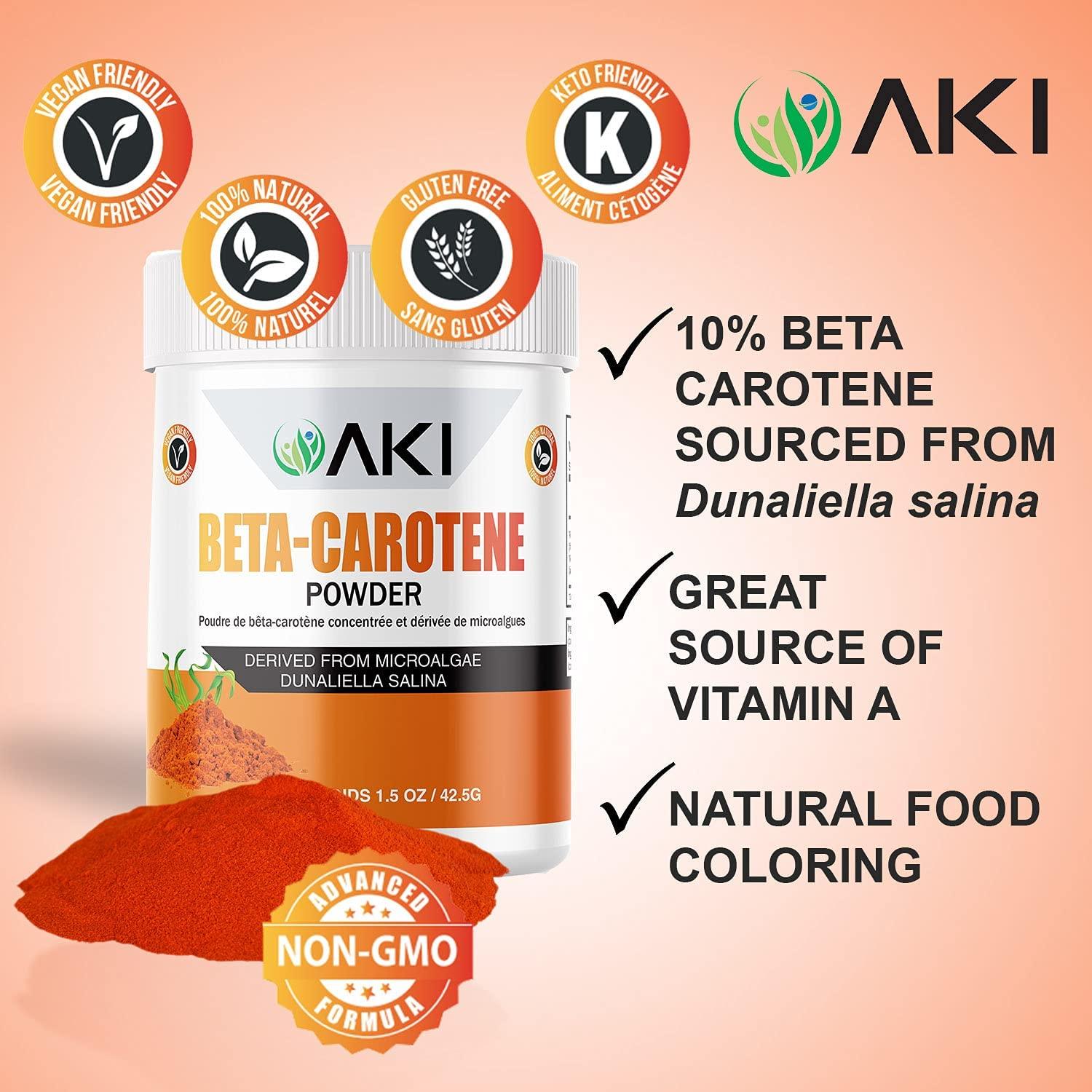 AKI ORGANIC AKI Beta Carotene 10% Powder (1.5Oz, 42.52G) Highly Concentrated flavouring Fount of Vitamin A, May Helps to Support Body Functions, Skin, Immune System, and Eye | GMO Free & Vegan Friendly