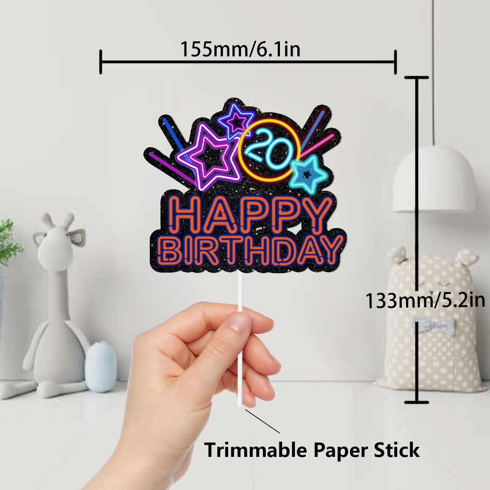HEYUWING Colorful Glitter Star Happy Birthday 20 Cake Topper Lets Glow Crazy Party Theme Decoration Supplies Boys Girls Happy 20th Birthday Anniversary Party Decor Supplies