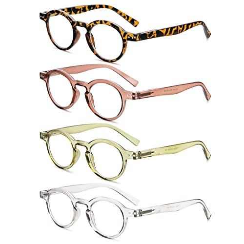 KoKoBin KoKoBin 4-Pack Small Round Reading Glasses Comfortable Readers Colored Stylish Frame for Women (Green&Brow&Leopard&Transparent, 2.25, multiplier_x)