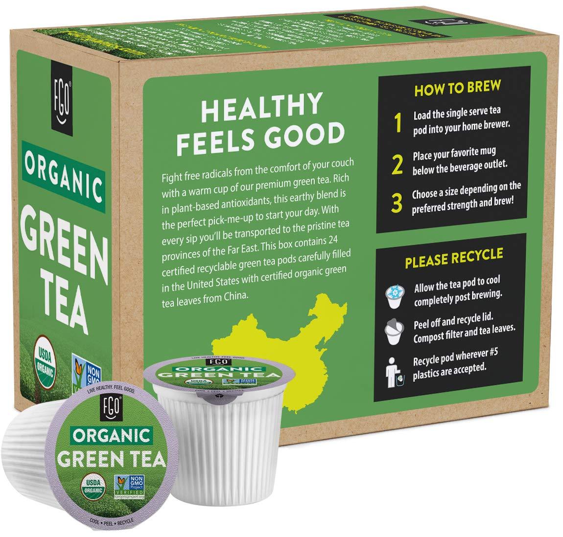 FGO FGO Organic Green Tea K-Cup Pods for Keurig, 24 Count (Pack of 1), Premium Green Tea is USDA Organic, Non-GMO, & Recyclable with Naturally Occurring Caffeine