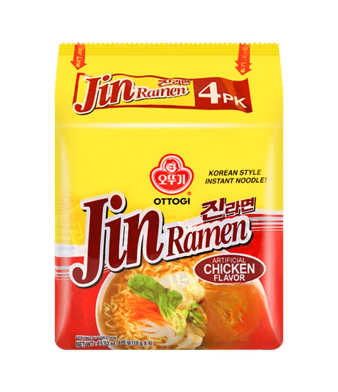 Ottogi OTTOGI Jin Ramen Chicken Flavor - Korean Style Instant Noodle, Flavorful Tasting Soup and noodles, Traditional Instant Ramen Noodles 3.88oz x 4 Pack