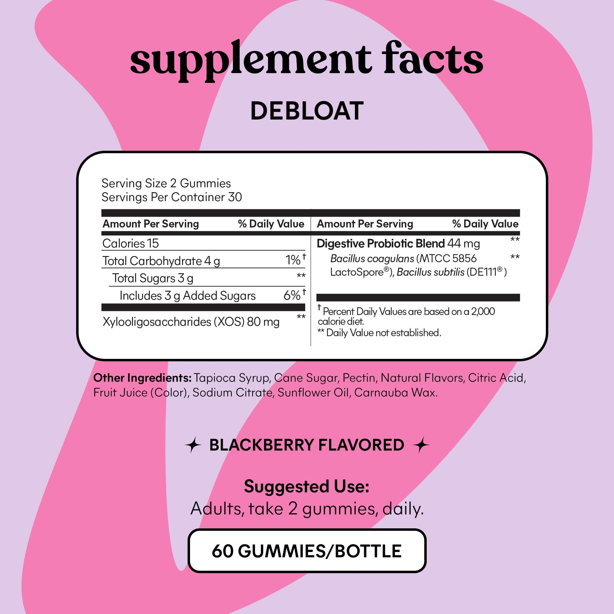 Lemme Lemme Debloat - Digestive & Gut Health Gummies with 2 Clinically Studied Probiotics & Prebiotic, 3 Billion CFUs - Vegan, Gluten Free, Non GMO, BlackBerry Flavor (60 Count) (Pack of 2)