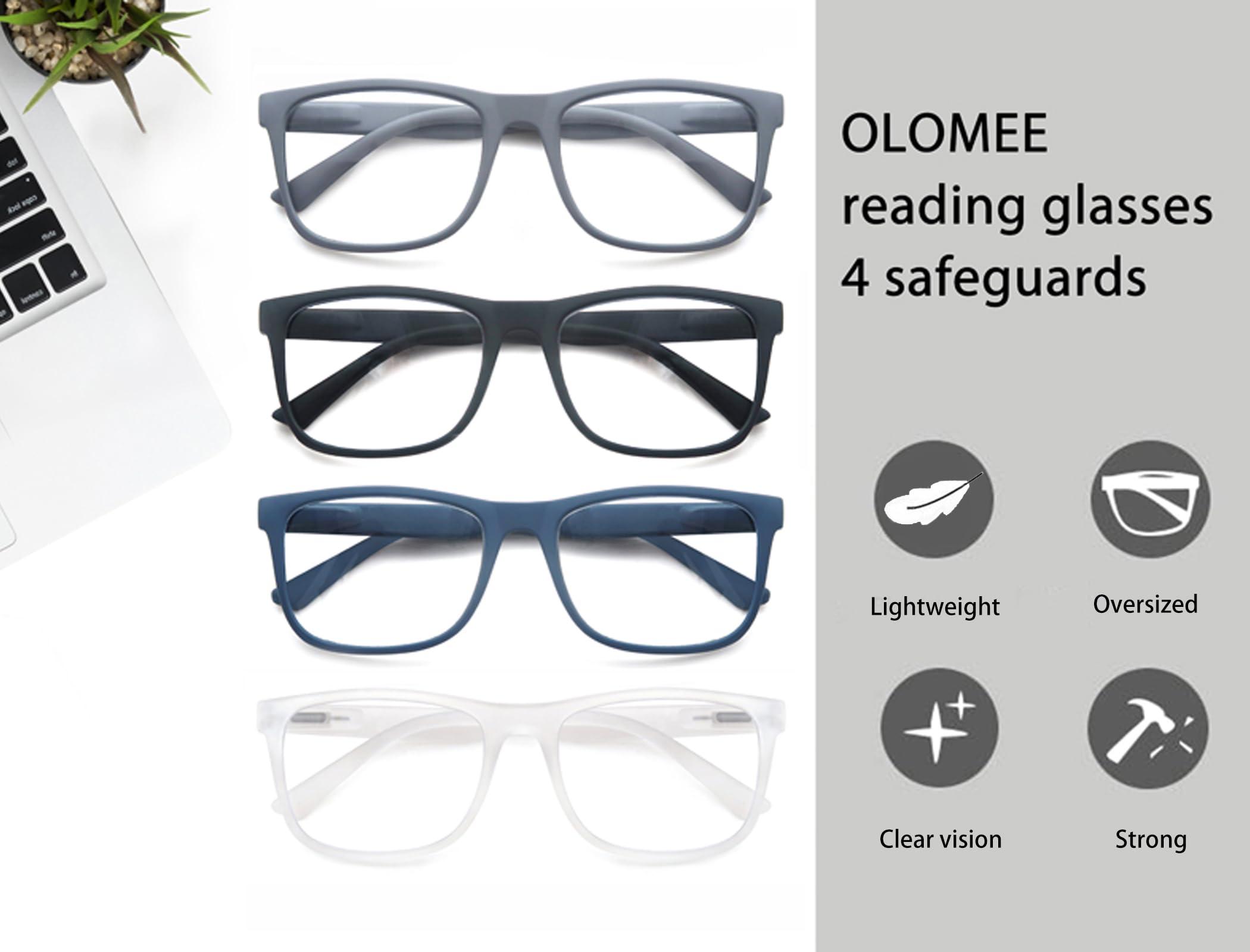 OLOMEE OLOMEE Large Reading Glasses Mens Oversized Wide Readers +2.25 Lightweight Square Magnifying Cheaters Glasses for Men W/Big Head 4 Pack