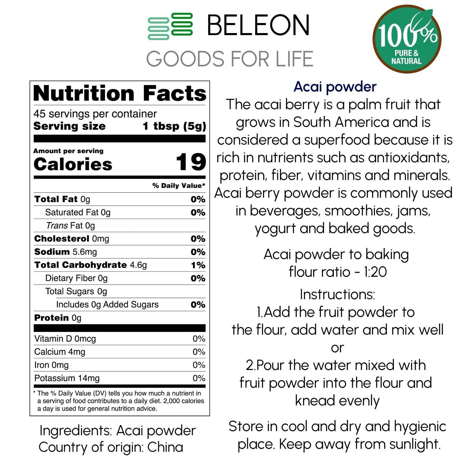 Beleon Goods For Life Organic Acai Powder - Pure All Natural Acai Powder for Acai Bowls Baking, Flavoring, Acai Smoothie, Beverage, 8 oz