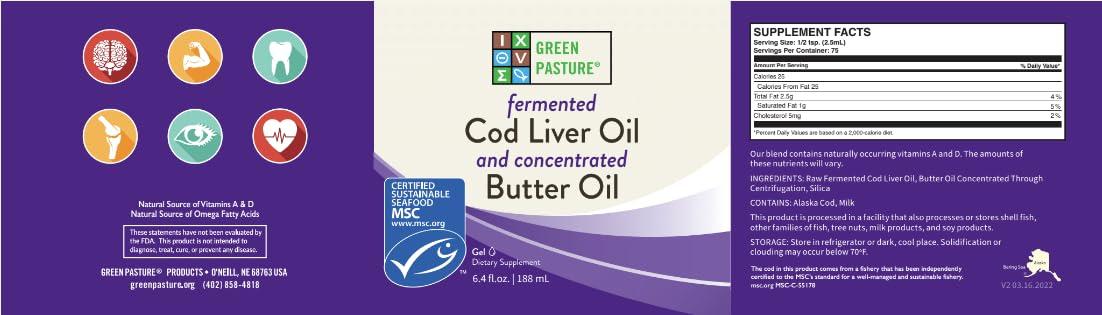 Green Pasture Green Pasture Butter Oil/Fermented Cod Liver Oil Blended Gel - 6.4 oz.- Vitamin A & D- EPA - DHA - Omega Fatty Acids (Unflavored)