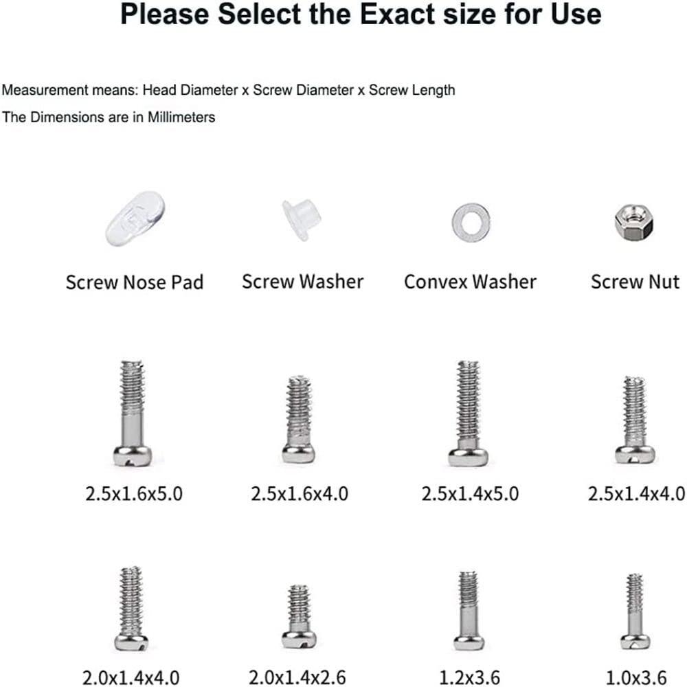 Generic Glasses Screws Repair Kit,Eyeglass Sunglasses Screws Set Screw Nuts Nose Pads Complete Glasses Screws with Screwdriver Tweezer(RoundBindingScrew)