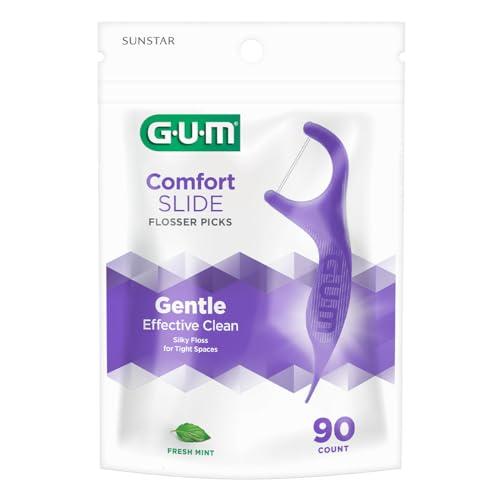 GUM GUM Comfort Slide Floss Picks - Perfect for Tight Teeth - Extra Strong Shred-Resistant Dental Floss, Easy Grip Handle - Dental Flossers for Adults - Fresh Mint Flavor, 90 ct