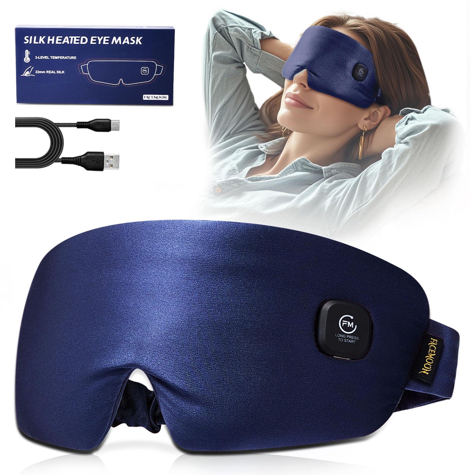 FACEMOON Heated Eye Mask for Dry Eyes - Silk Cordless Warm Eye Compress Moist Heat, FSA HSA Eligible, Eye Heating Pad for Dry Eyes, Stye Treatment, Eye Strain, Travel, Washable, Rechargeable, Blue