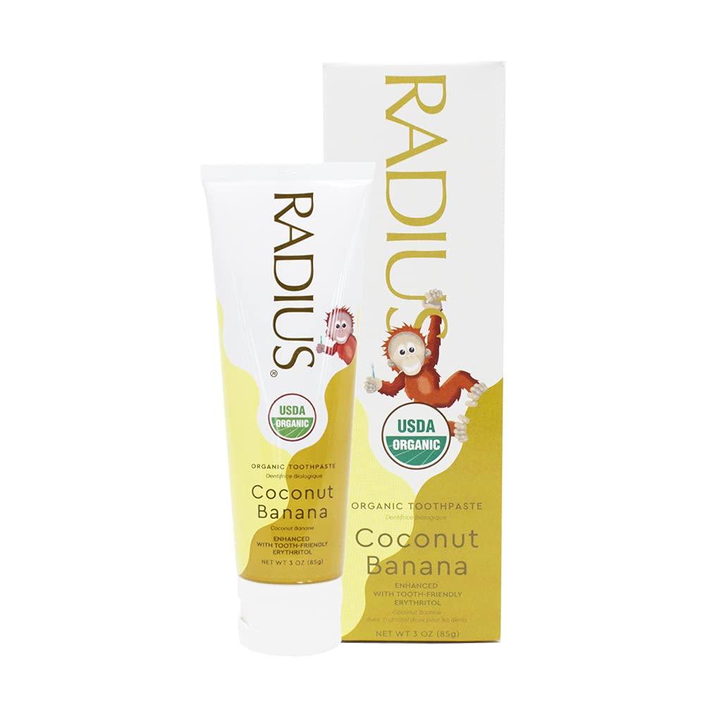 RADIUS RADIUS USDA Organic Kids Toothpaste 3oz Non Toxic Chemical-Free Gluten-Free Designed to Improve Gum Health for Children's 6 Months and Up - Coconut Banana - Pack of 3