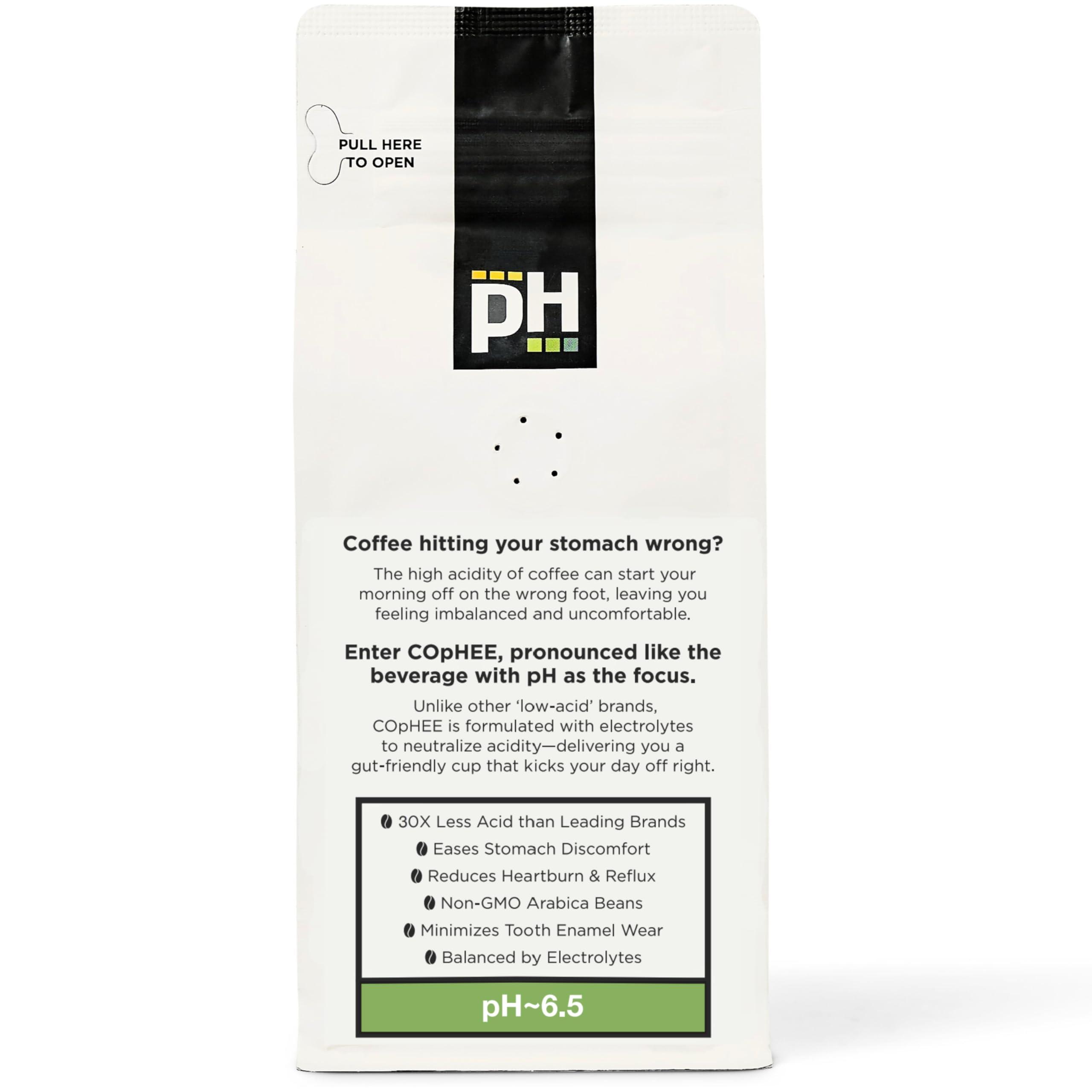 COpHEE Electrolyte Infused Low Acid Coffee by COpHEE - Ground Medium Roast - Smooth Non-GMO Arabica Coffee - Designed for Sensitive Stomachs, Acid Reflux, and Heartburn - Original Blend 12 oz bag
