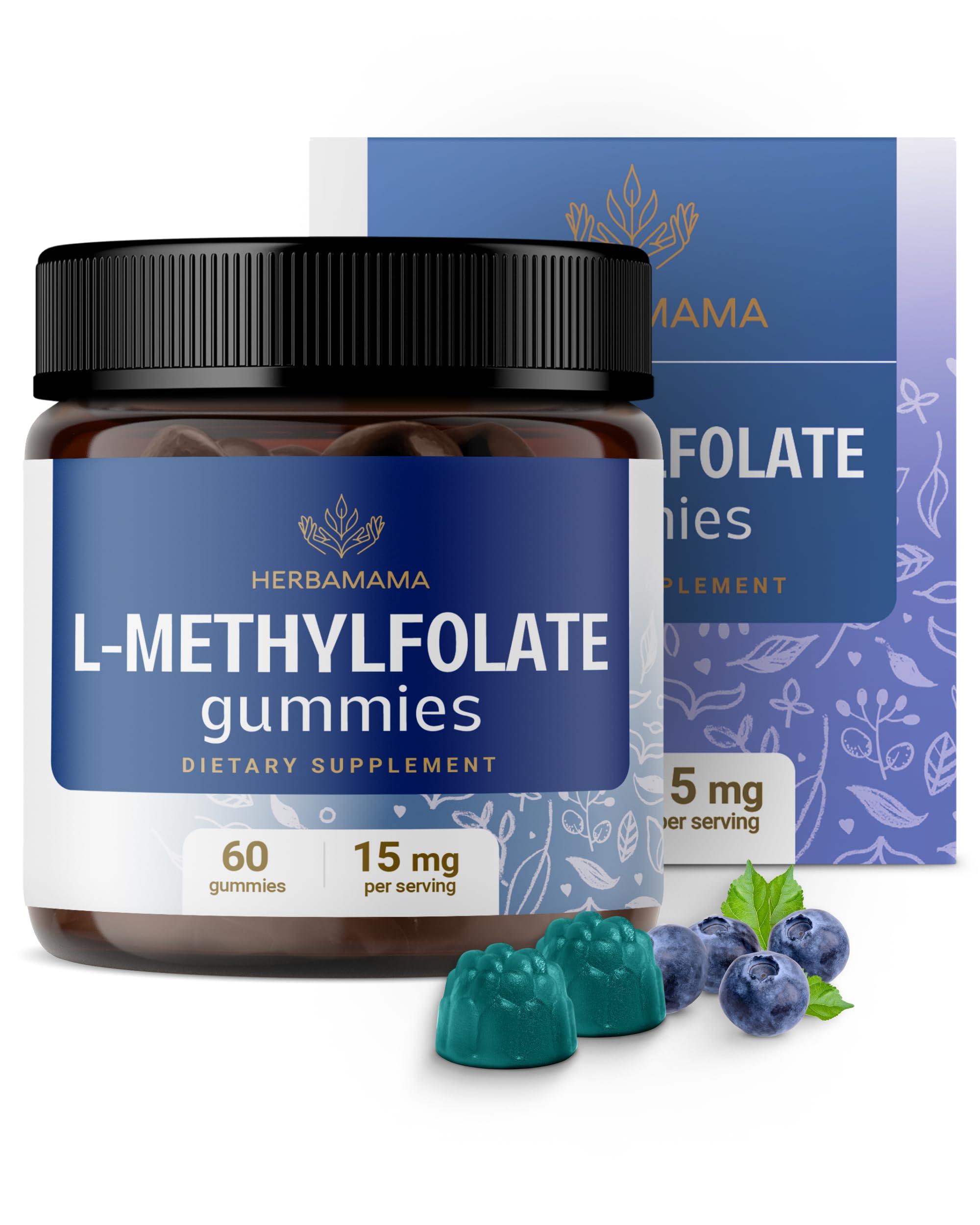 HERBAMAMA HERBAMAMA L-Methylfolate Gummies - 15mg 5-MTHF Calming Supplement for Adults - Vegan, Non-GMO Methylated Folate (Vitamin B9) for Brain Support - 60 Pectin-Based Blueberry-Flavored Chews