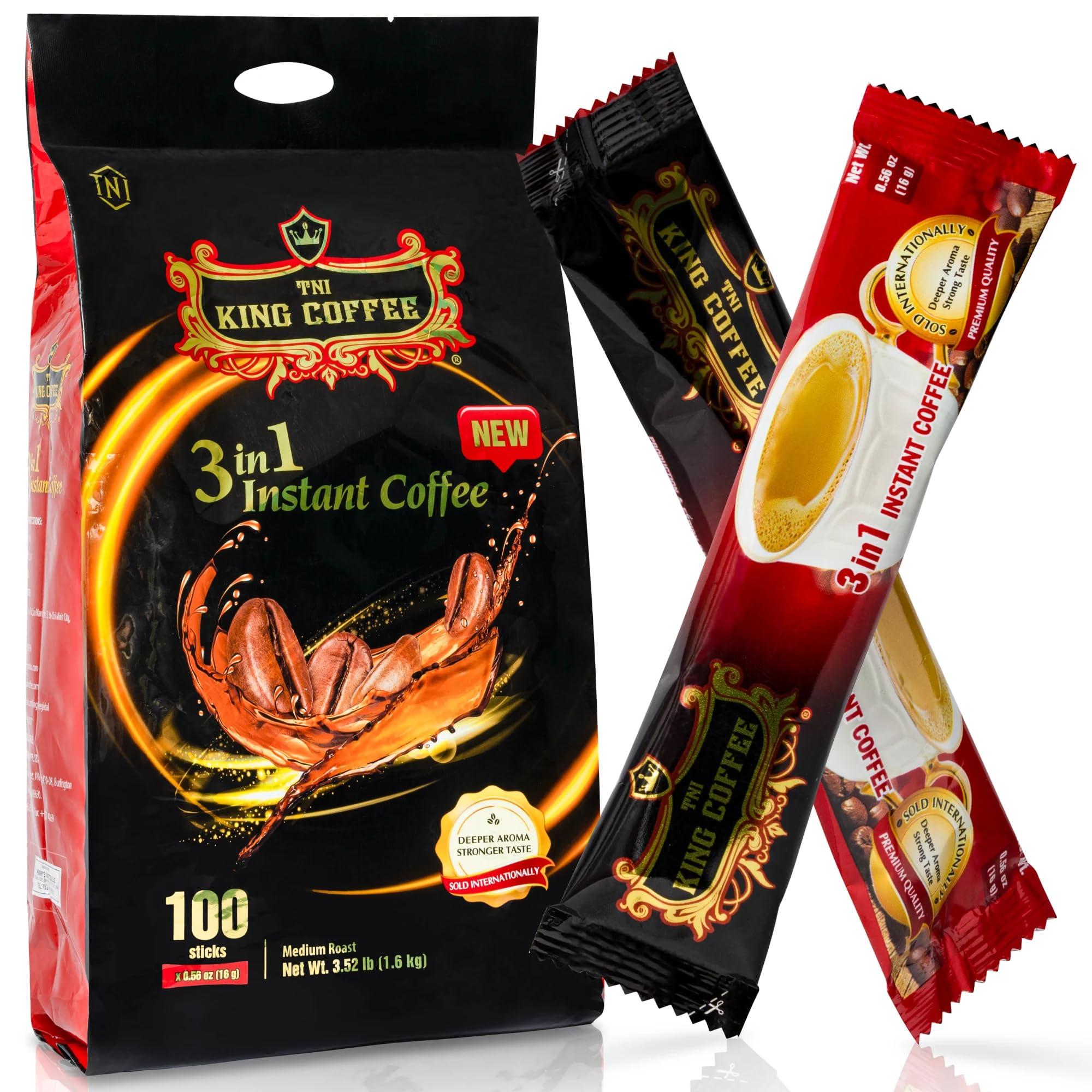 TNI King Coffee TNI King Coffee 3 in 1 Instant Vietnamese Coffee, 100 Single Serve Packets - Individual Pocket Size Sachet Sticks - Blended with Coffee, Cream Powder and Sugar - Bulk Size Pack
