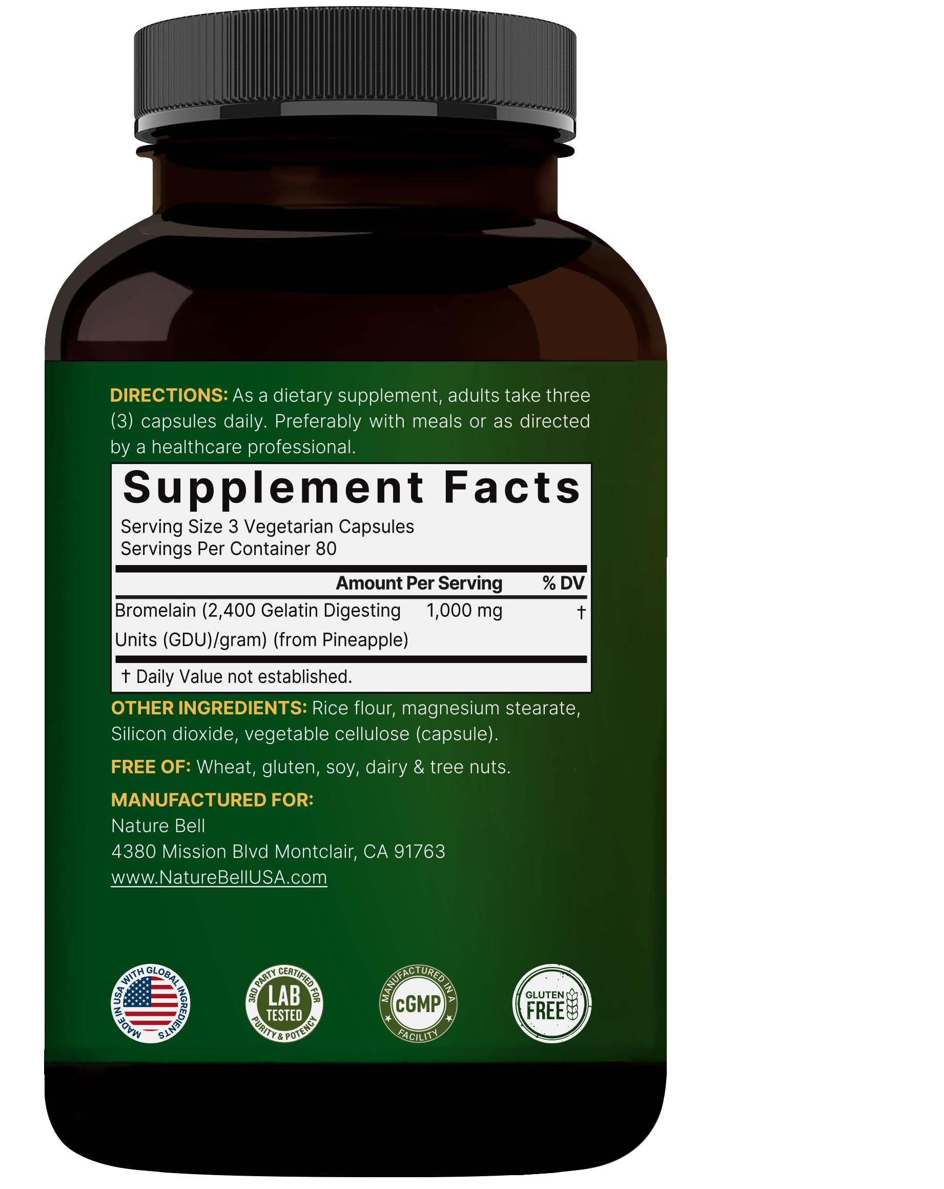 NatureBell NatureBell Bromelain, 1,000mg Per Serving, 240 Veggie Capsules | 2,400 GDU Digestive Enzymes & Joint Support Supplement Proteolytic Enzymes for Digestion, Fresh Pineapple Source Non-GMO