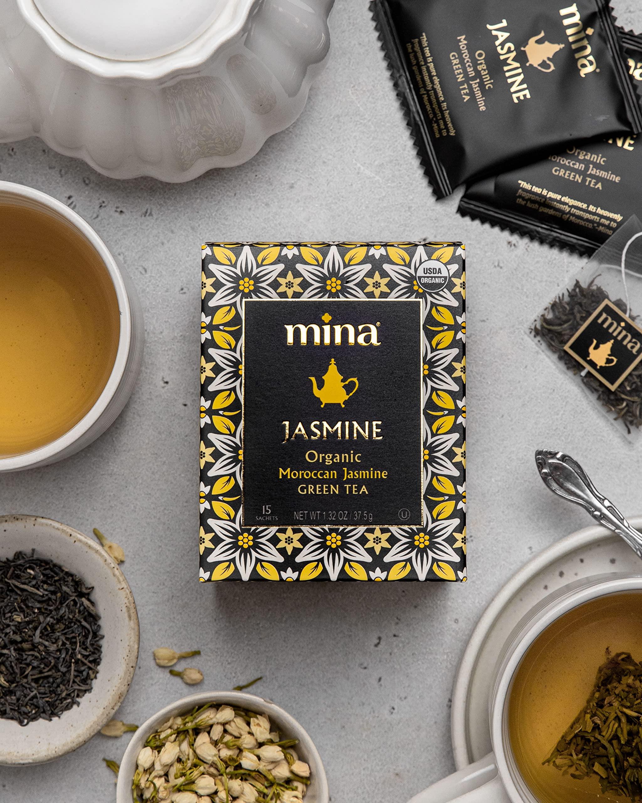 Mina Mina Organic Moroccan Jasmine Green Tea, 15 Biodegradable Sachets (Pack of 6), Jasmine Scented Green Tea Bags with Enchanting Floral Essence, Refreshing Aroma, Enjoy Hot or Iced
