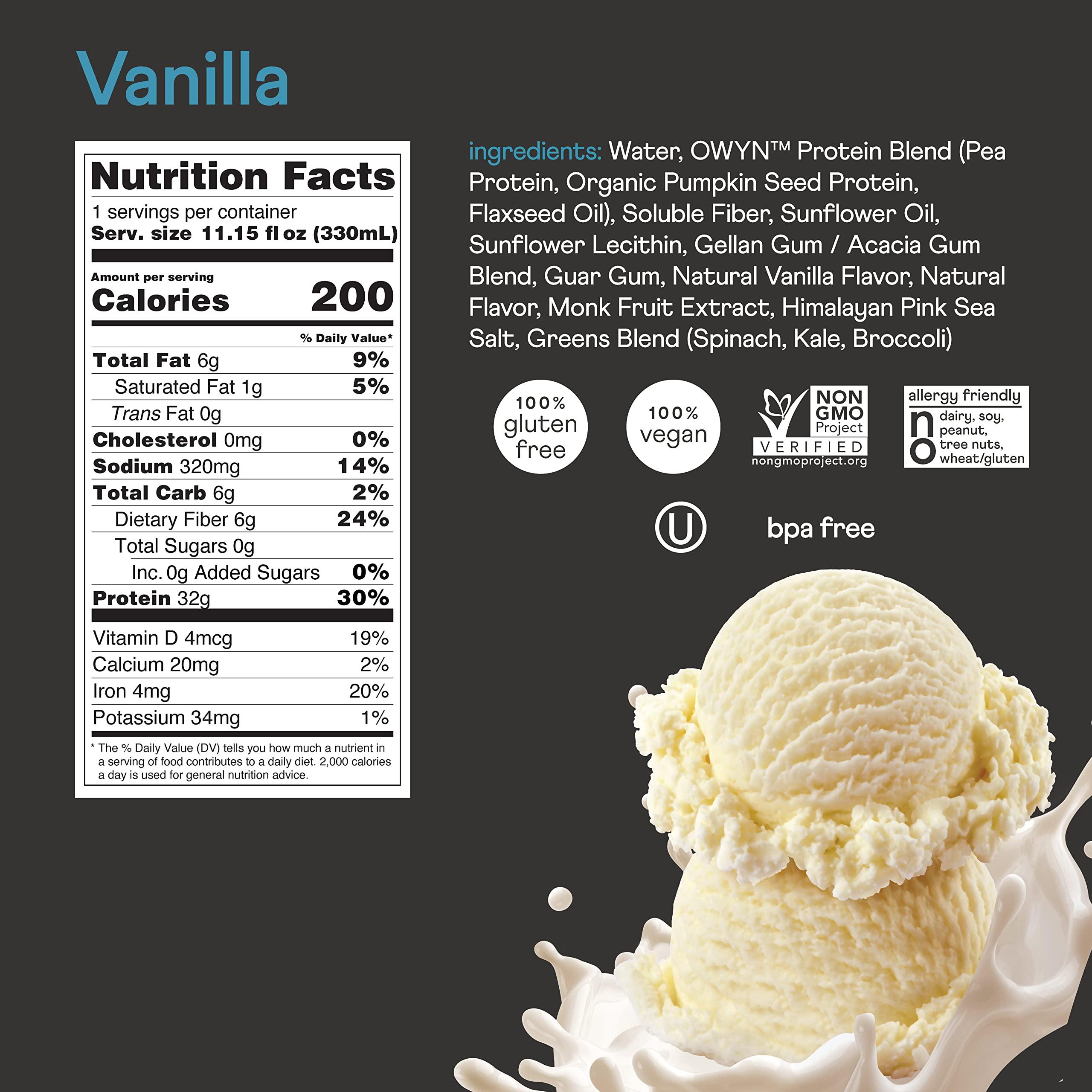 OWYN Only What You Need Owyn Pro Elite Vegan Plant-Based High Protein Shake, Vanilla, 24-Pack, 32g Plant Protein, Prebiotics, Superfoods Greens for Workout and Recovery, 0g Net Carbs, Zero Sugar, Keto (24 Pack)