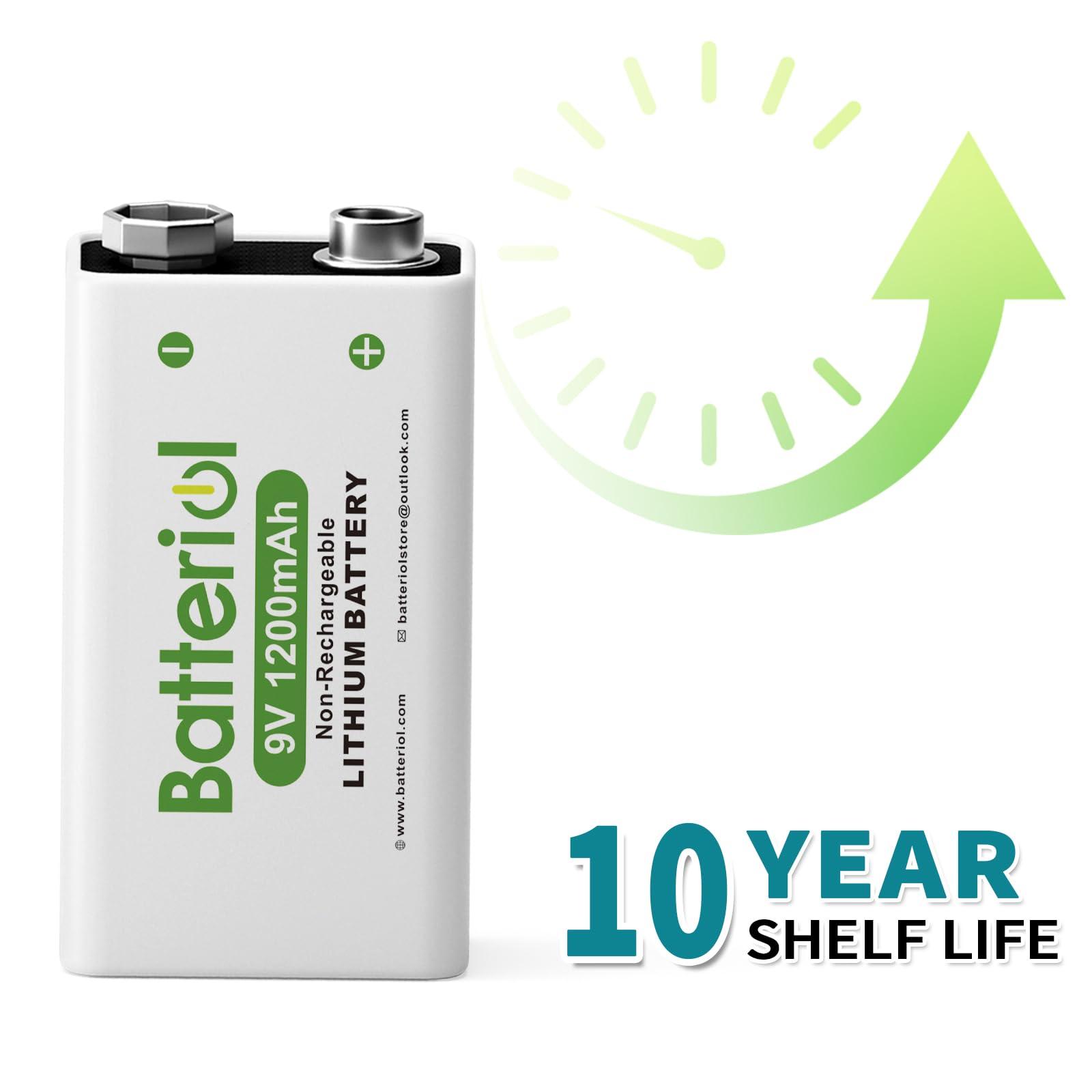 Batteriol Batteriol 9V Lithium Batteries, 1200mAh Lithium 9 Volt Batteries, 10 Year Shelf Life, Long-Lasting Power for Smoke Detector, Microphone and Walkie Talkie, 4 Pack