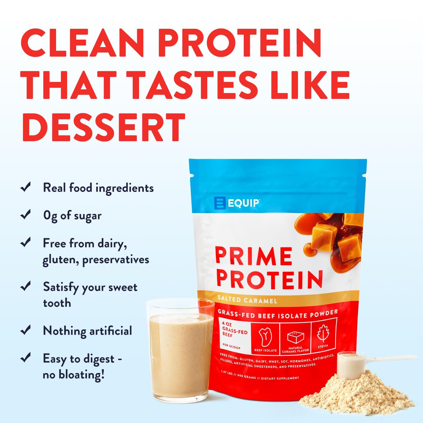 Equip Equip Foods Prime Protein Powder | Clean, Grass Fed Beef Protein Isolate | Carnivore Protein Powder | Paleo, Keto Friendly | Gluten, Dairy Free | 30 Servings, Salted Caramel