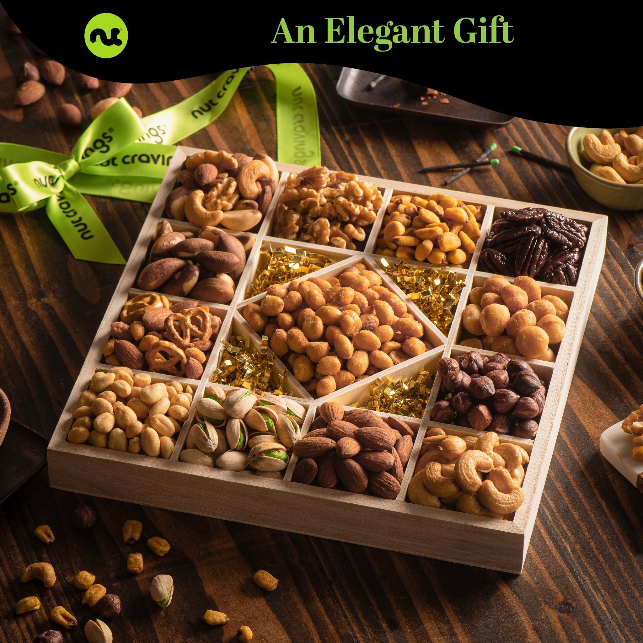 Nut Cravings NUT CRAVINGS Gourmet Collection - Valentines Day Mixed Nuts Gift Basket in Reusable Diamond Wooden Tray + Green Ribbon (13 Assortments) Galentines Arrangement Platter, Healthy Kosher Corporate