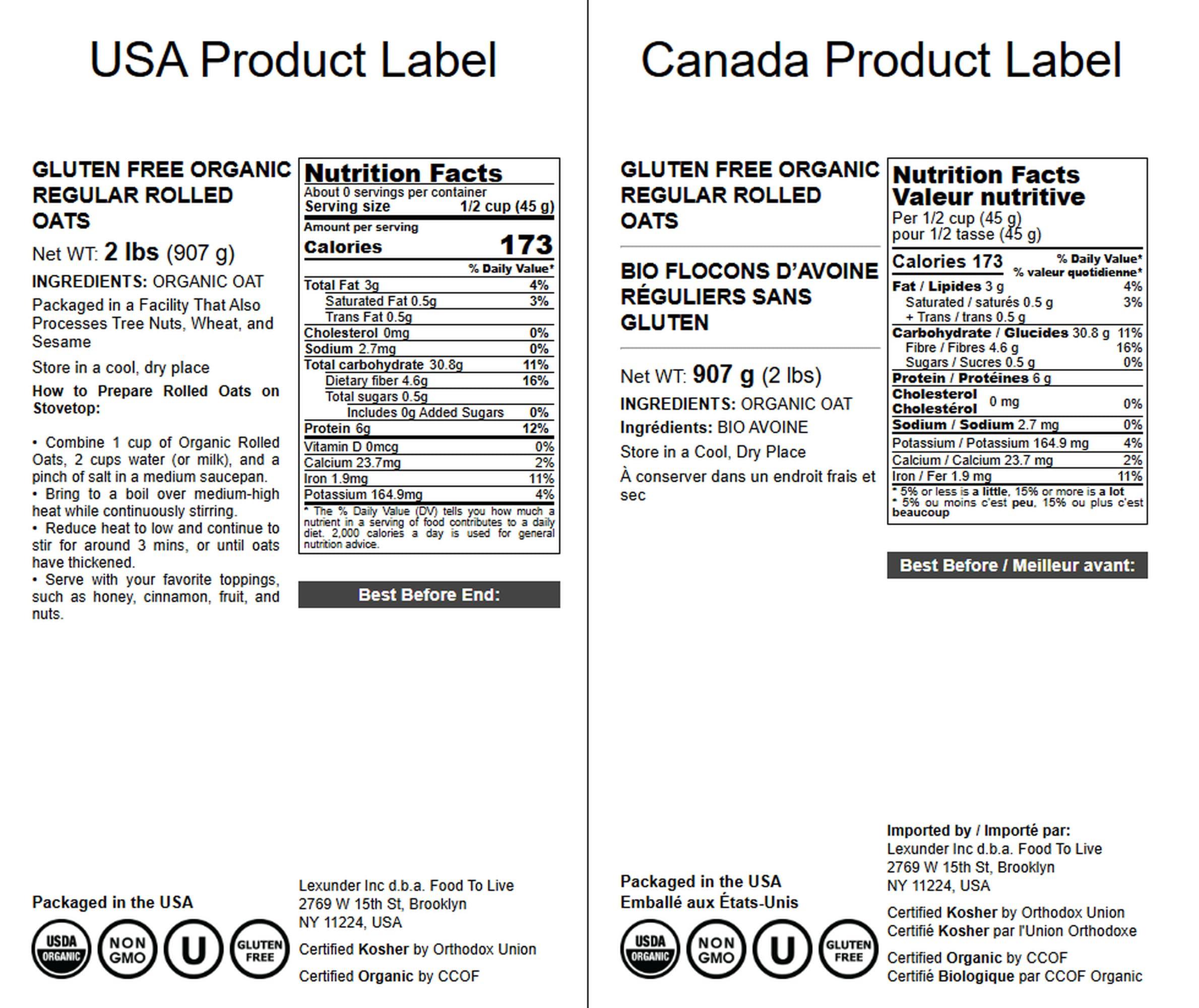 Food to Live Food to Live Gluten Free Organic Regular Rolled Oats, 2 Pounds Non-GMO, Old-Fashioned, 100% Whole Grain, Vegan, Bulk. Rich in Fiber. Great for Oatmeal, Cereal, Granola, Cookies. Made in USA