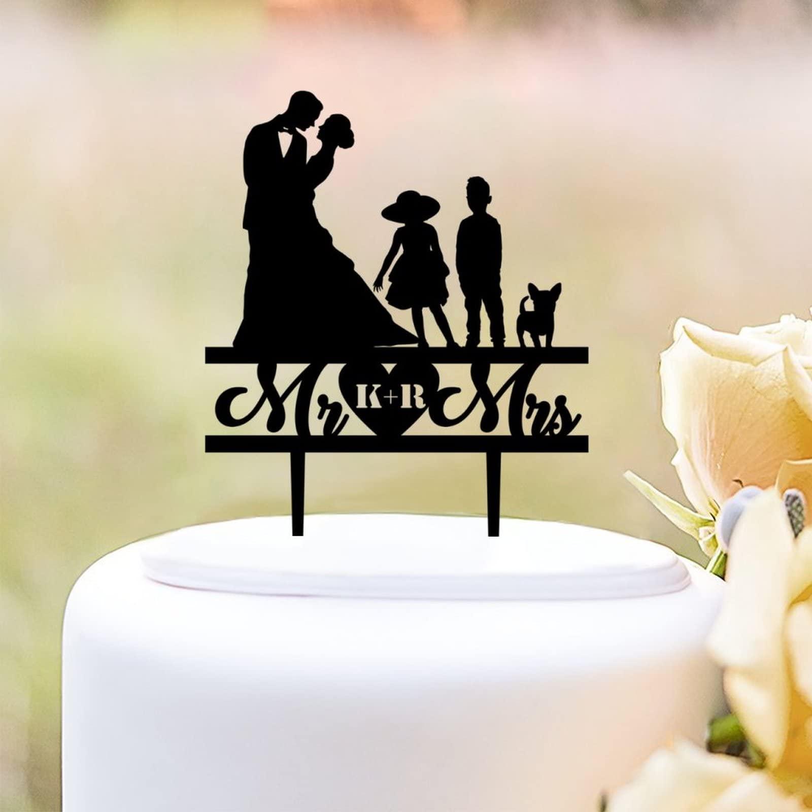 NoneQeleve Funny Wedding Cake Toppers Bride And Groom with Kids Dogs,Mr And Mrs Personalized Cake Topper Family of 4,Custom Initial Cake Topper,Funny Cake Topper for Special Event