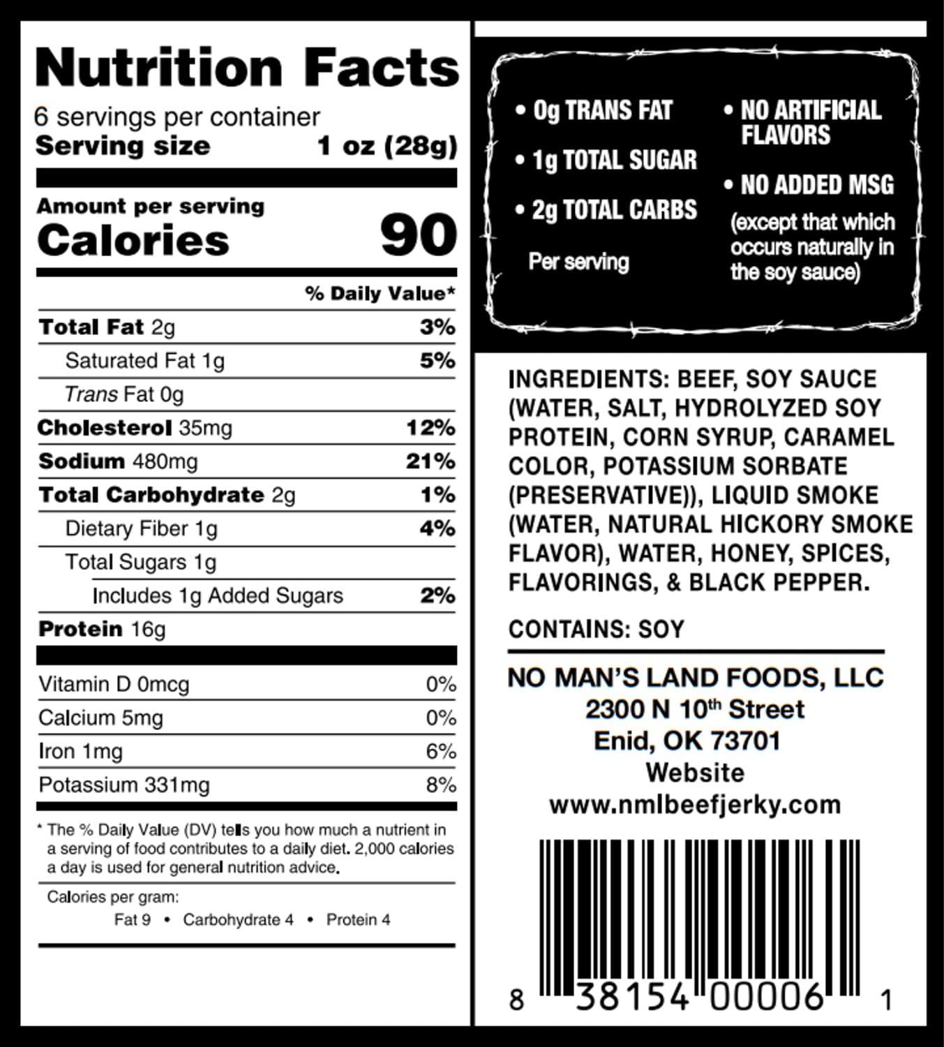 NO MANS LAND BEEF JERKY No Man’s Land BLACK PEPPER Beef Jerky High Protein Low Calorie Low Carb Beef Snack 6.0oz Bag