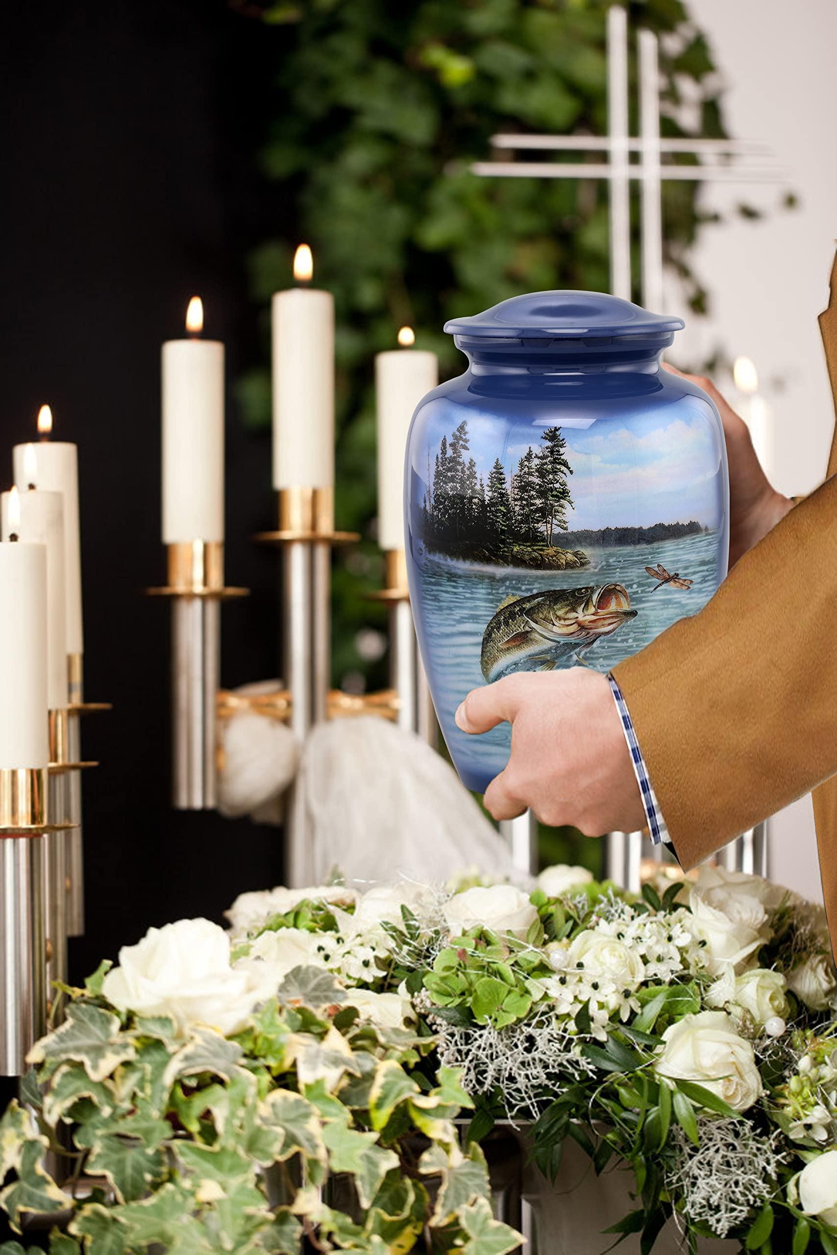 Immortal Memories Bass Fishing Large Urn - Cremation Urn for Human Ashes Male & Female - Heart Fishing Urn - Handcrafted Funeral Memorial Urn for Adults Urn Velvet Case & Bag (Large)
