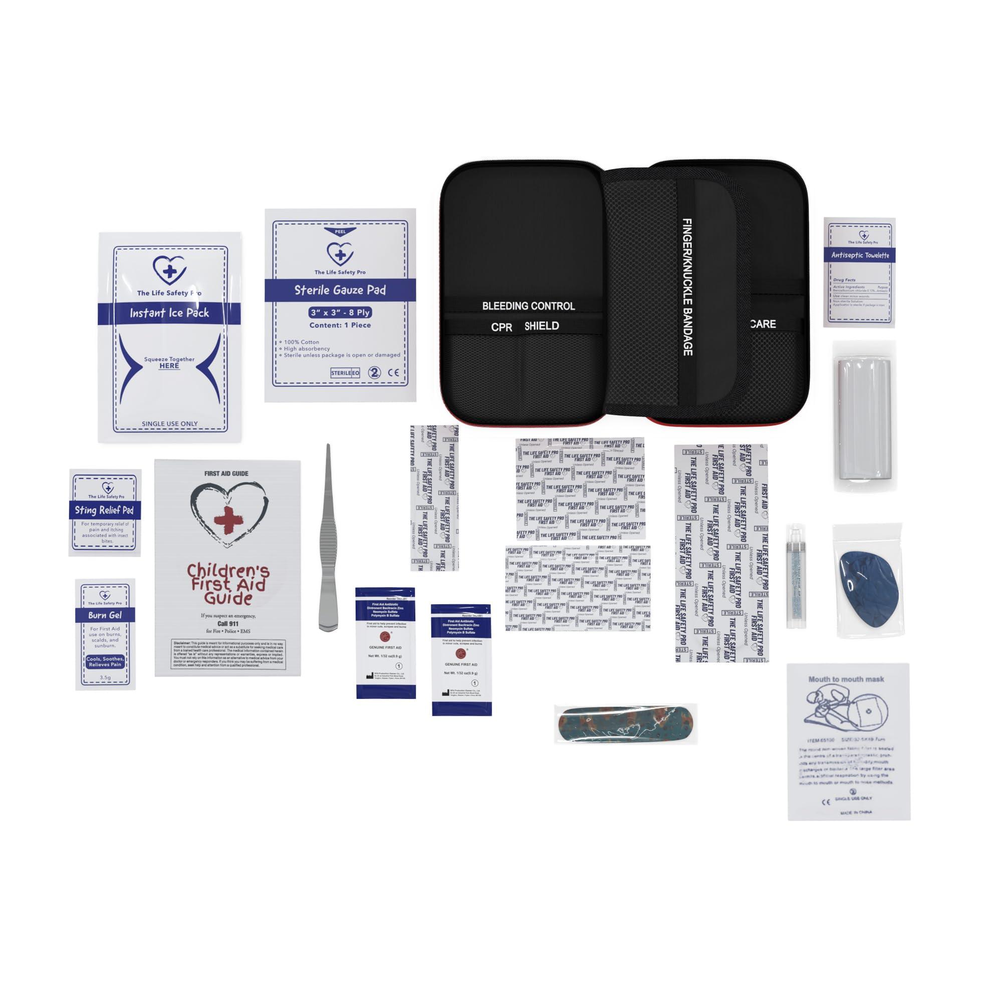 The Life Safety Pro Small, First Aid and CPR Kit for children, toddler, and kids. Large Variety of Bandages to fit your childs injuries. Perfect travel first aid kit, Diaper Bag, Backpack, Car, and More. Quick and Effect
