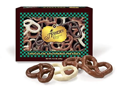 Asher's Chocolates Asher's Chocolates, Chocolate Covered Pretzels Assortment, Gourmet Sweet and Salty Candy, Small Batches of Kosher Chocolate, Family Owned Since 1892 (14.5 oz, Milk, Dark, and White Chocolate)