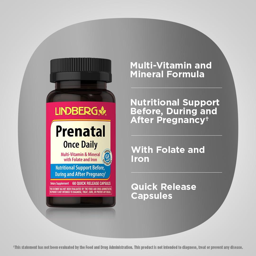 Lindberg Lindberg Prenatal Vitamins for Women | 60 Capsules | Multivitamin & Mineral with Folate and Iron | Once Daily Supplement | Non-GMO, Gluten Free