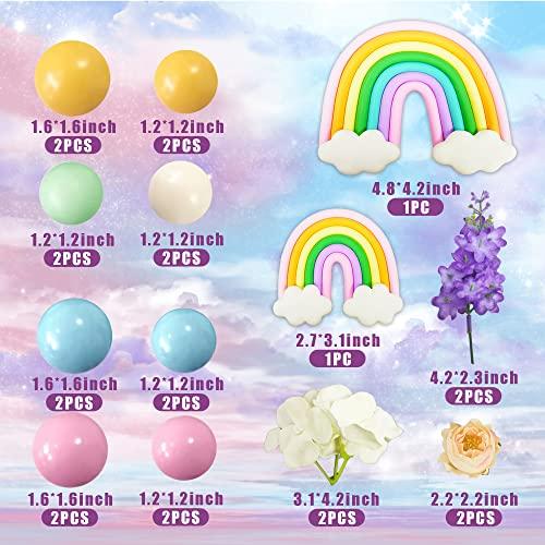 DRWATE 24PCS Rainbow Cake Topper Balls Cake Decorations flower Cake Topper with Macaron Balls Artificial roses for Baby Shower Oh Baby Boys and Girls Birthday Themed Party Supplies (Colorful)