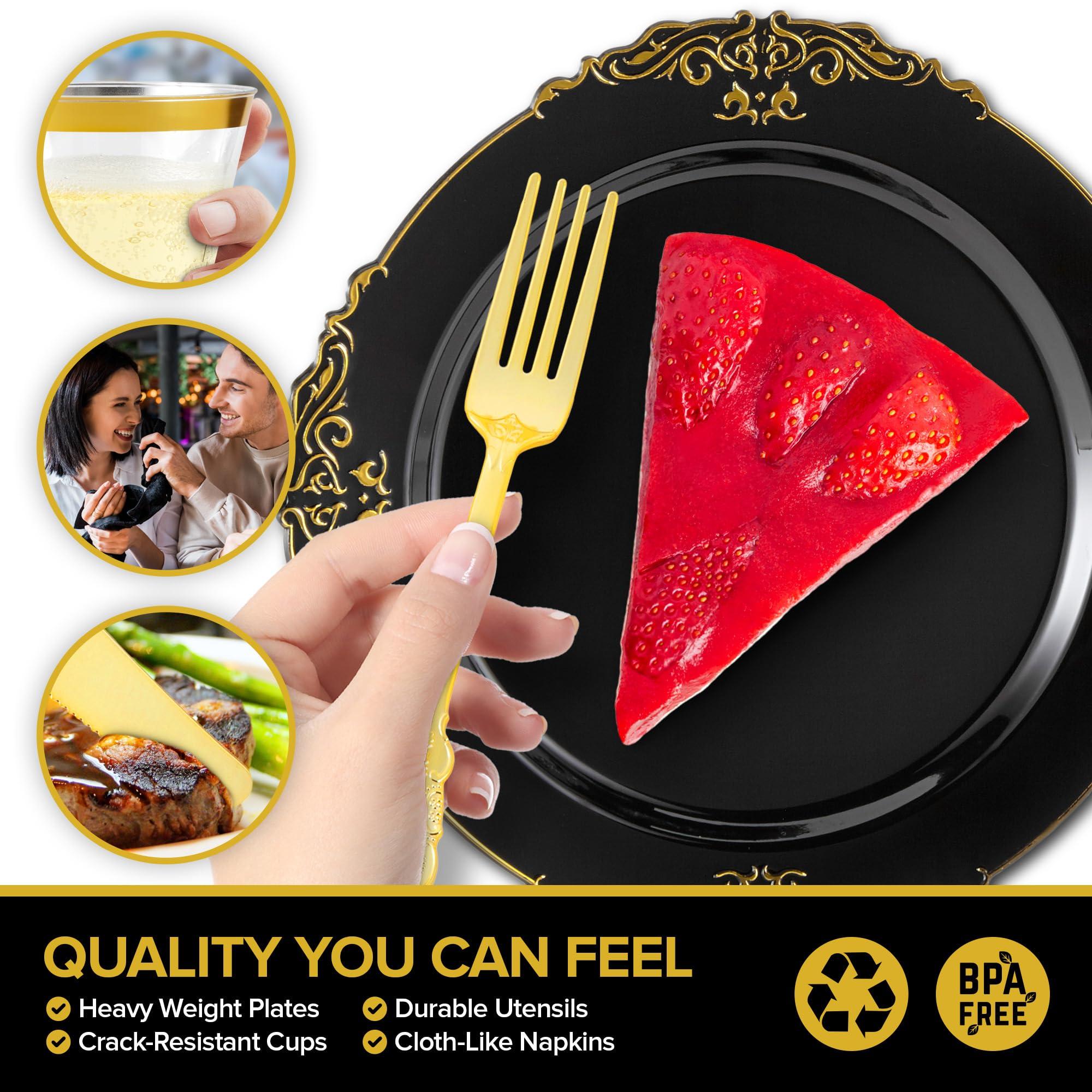 Stock Your Home Stock Your Home Black and Gold Plates Set with Pre-Rolled Cutlery with Napkins & Gold Cups, Dinnerware for 50 Guests (350pcs), Disposable Party Sets for Wedding, Bridal Shower, Graduation Parties