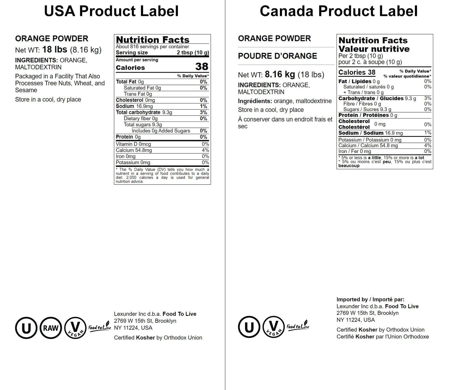 Food to Live Food to Live Orange Powder, 18 Pounds - Made from Raw Dried Citrus Fruit, Unsulfured, Vegan, Bulk, Great for Baking, Juices, Yogurts & Instant Breakfast Drinks, Contains Maltodextrin, No Sulphites