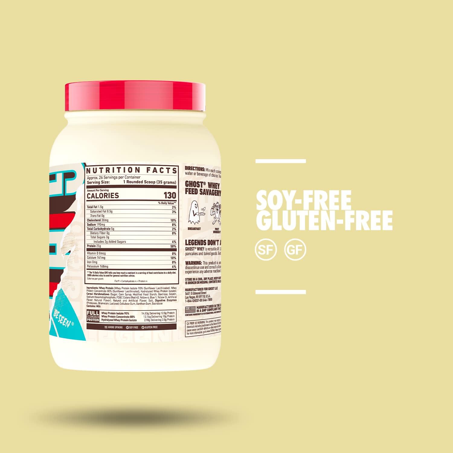 GHOST GHOST Whey Protein Powder, Marshmallow Cereal Milk - 2LB Tub, 25G of Protein - Flavored Isolate, Concentrate & Hydrolyzed Whey Protein Blend - Post Workout Shakes - Soy & Gluten Free