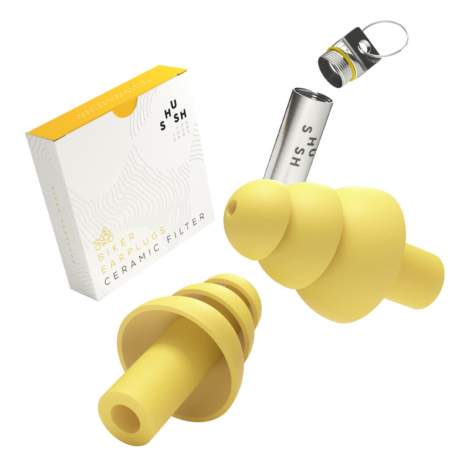 Shush Shush Biker Earplugs - High Performance Hearing Protection Against Wind Noise - Ceramic Filter (SNR 24dB) for Superior Sound Quality - Better Focus - Reusable Over 365 x Ochre Yellow