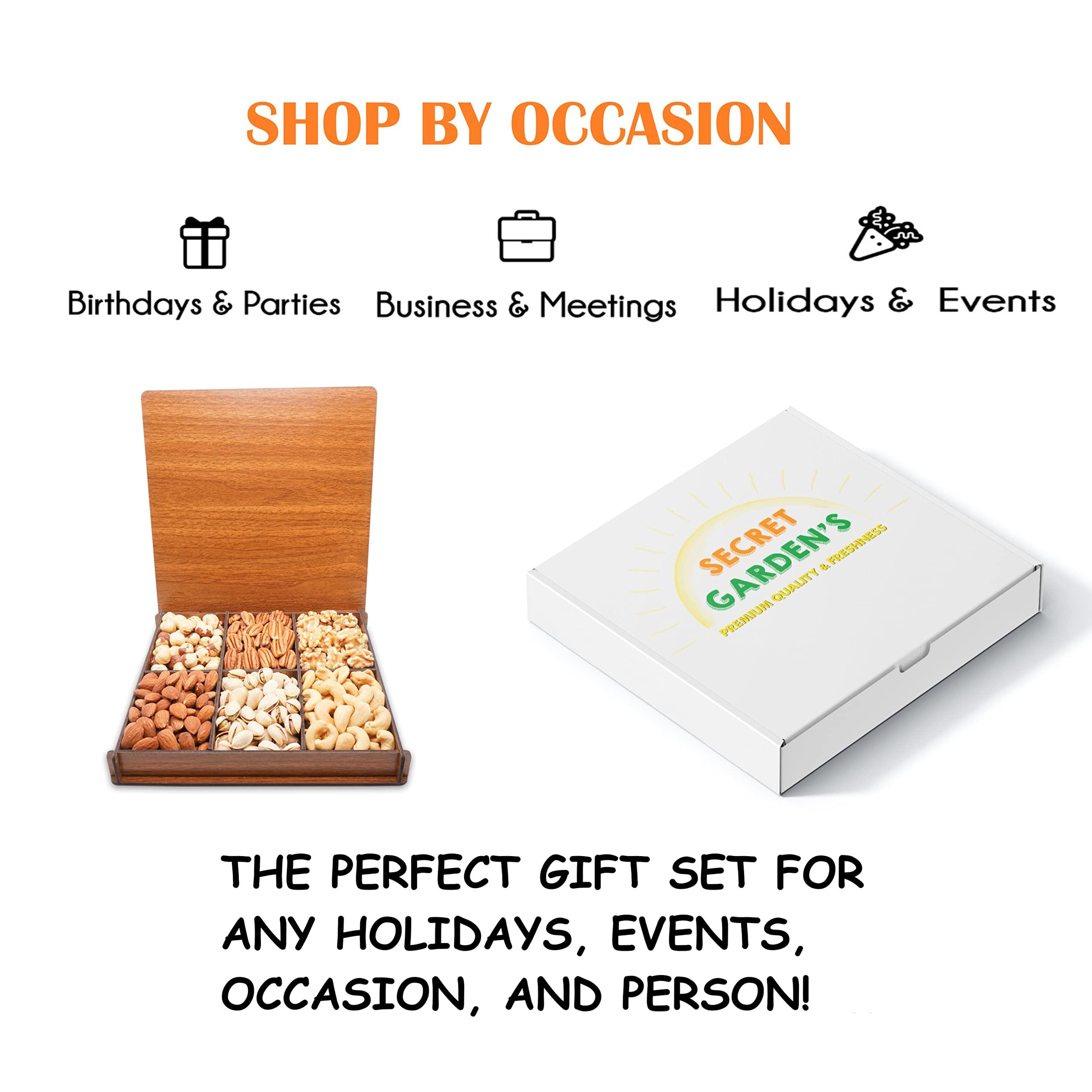 Secret Garden\'s Monogrammed Gift Basket, Mixed Nuts Gift in Reusable Wooden Tray, Business Present, Gourmet Assortment Tray, Birthday Gift for Mom, Sympathy, Mom, Dad, Variety Snacks Box, Husband