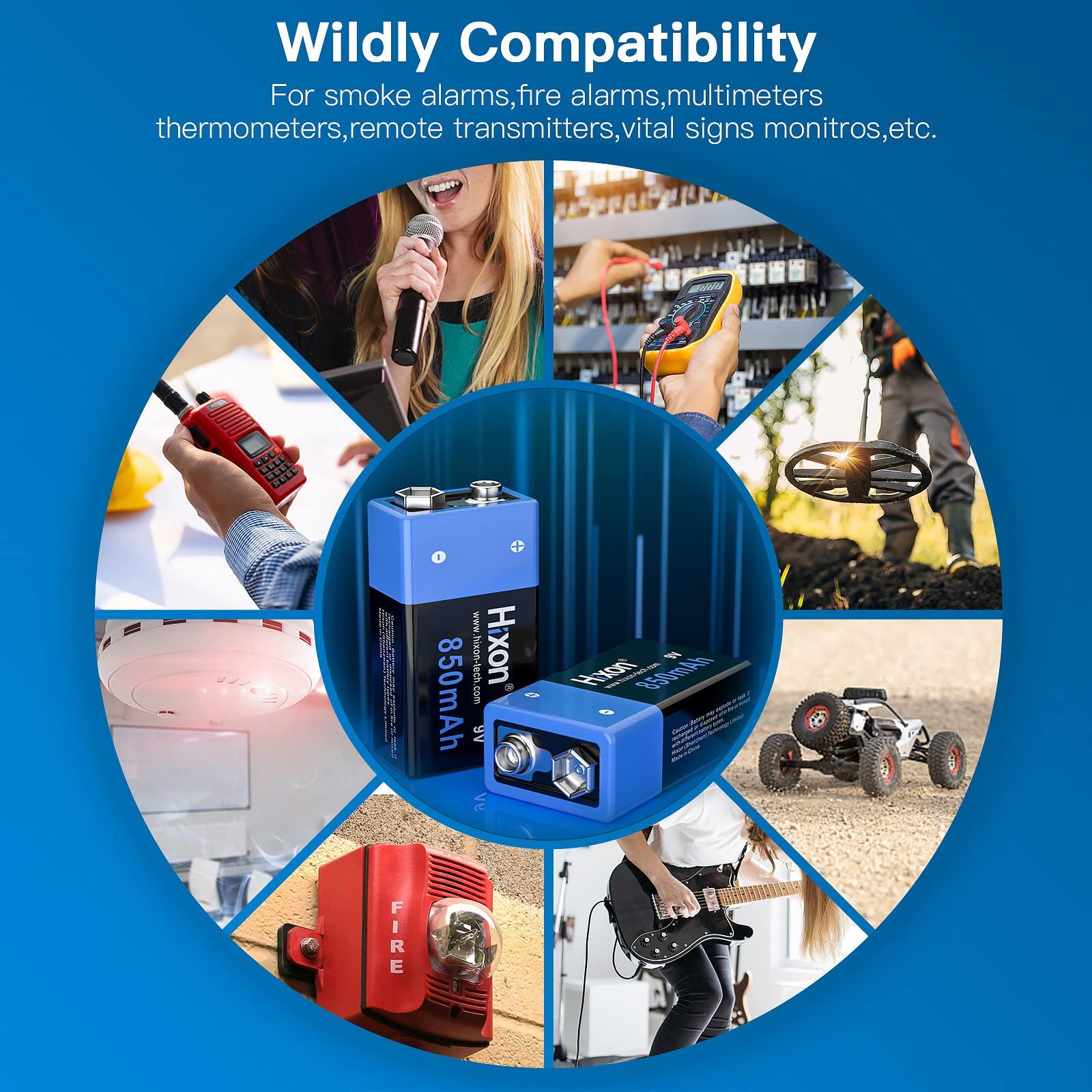 Hixon 9v Rechargeable Batteries,9 Volt Rechargeable Batteries with Charger kit,4-Pack 850mAh 9v Lithium Batteries for Alarms Wireless Microphones Smoke Detectors Toys Flashlights and More