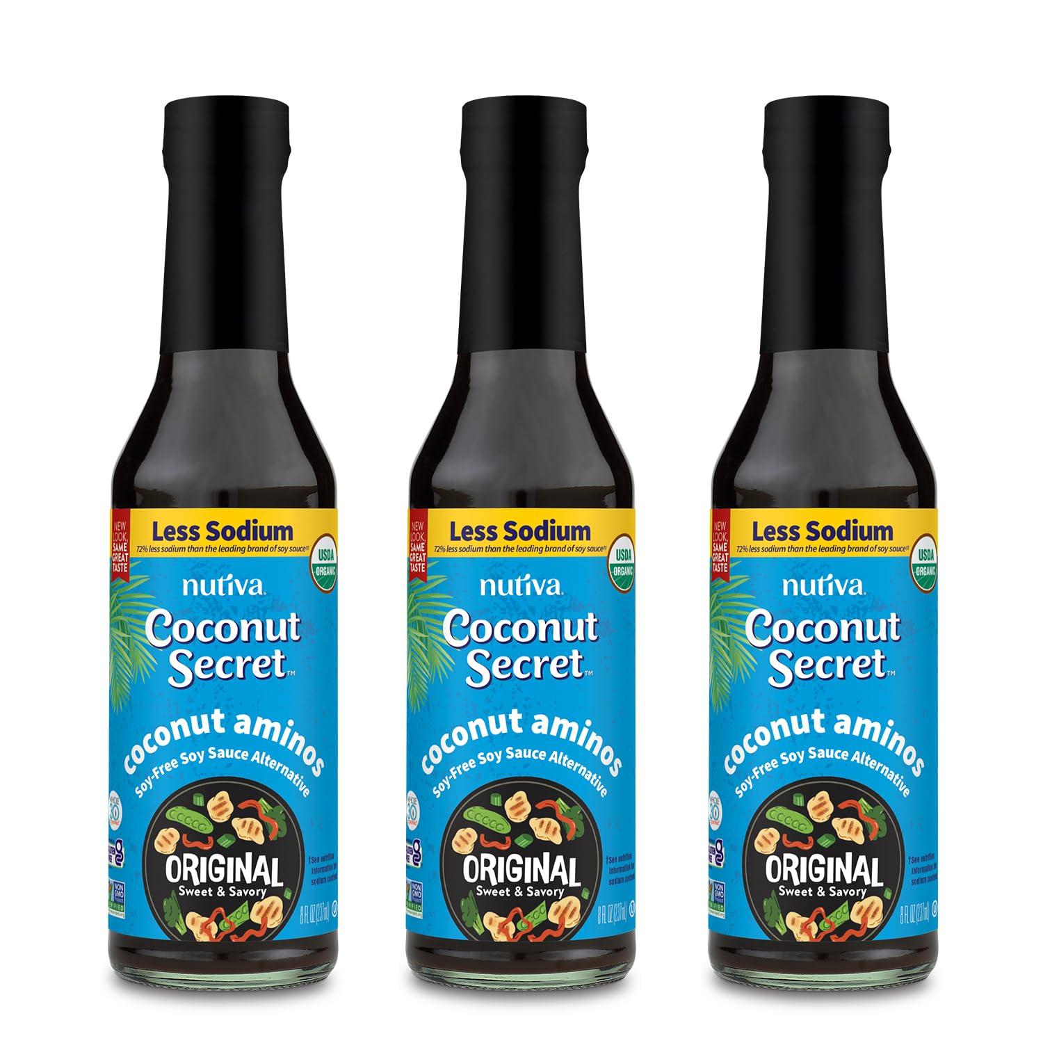 COCONUT SECRET Coconut Secret, Organic Liquid Coconut Aminos, 8 fl oz (pack of 3), All-Purpose Seasoning Sauce & Marinade, Soy-Free Soy Sauce Alternative, Low Sodium, Low Glycemic, Vegan & Gluten Free Stir Fry Sauce