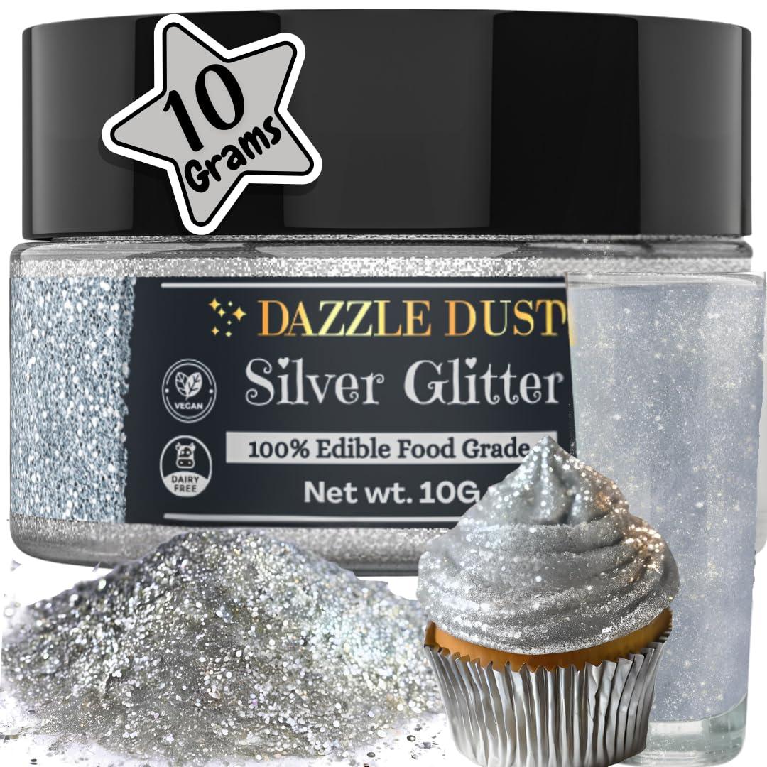 DAZZLE DUST (BULK10g) Silver Edible Glitter For Drinks, Silver Luster Dust Edible Glitter For Cakes, Silver Sprinkles For Cake Decorating, Edible Cake Decorations Drink Glitter 100% Food Safe, Vegan, Gluten Free