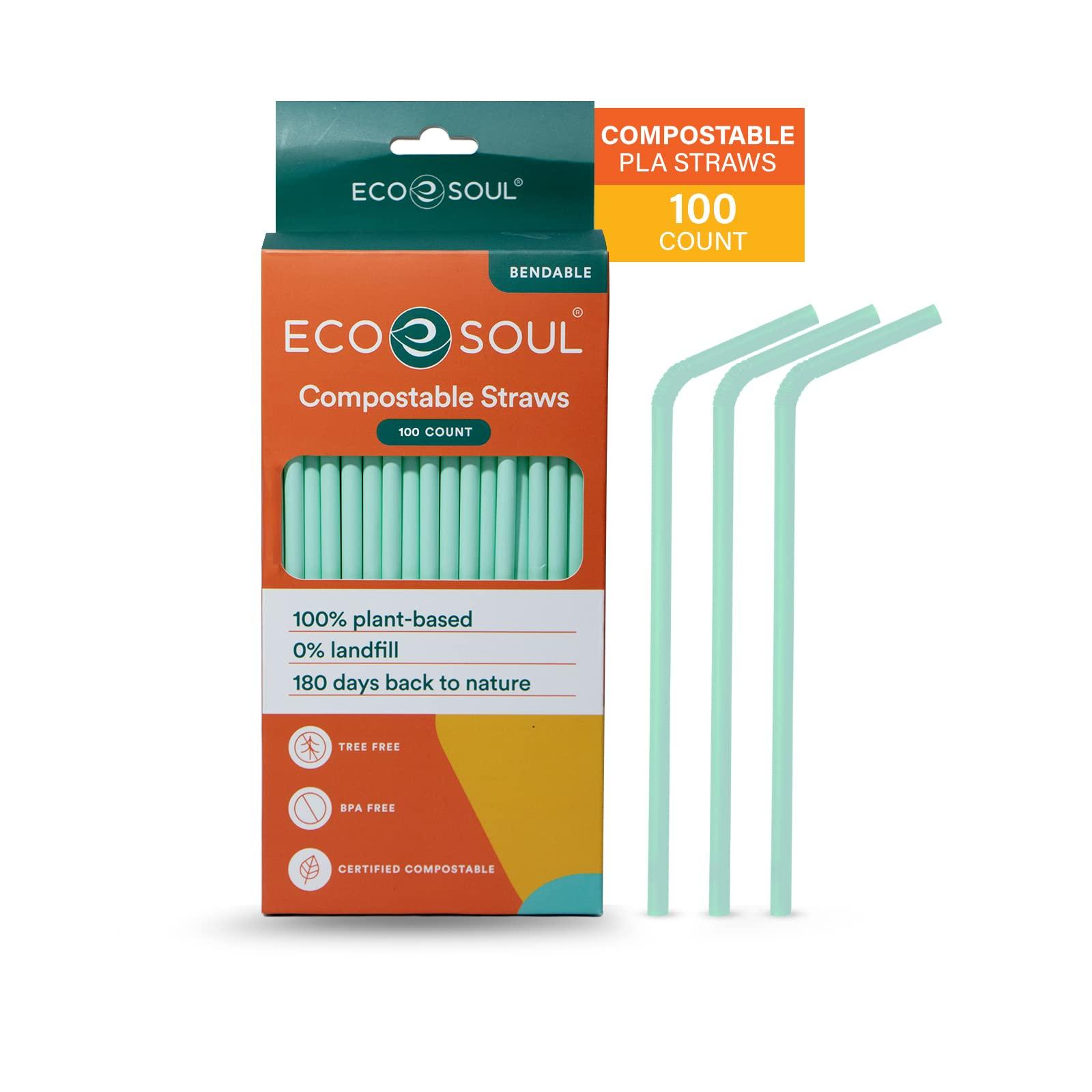 ECO SOUL ECO SOUL 100% Compostable Straws [100 Count][8.25\"] Eco-Friendly Biodegradable Sustainable Disposable Straws, Cocktail Cold Drink Smoothie Bendable Straws